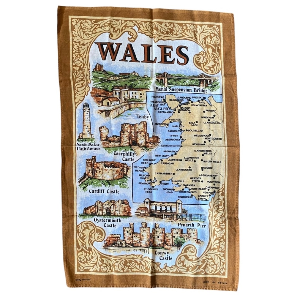 Vintage cotton tea towel. Wales visual map with sites
